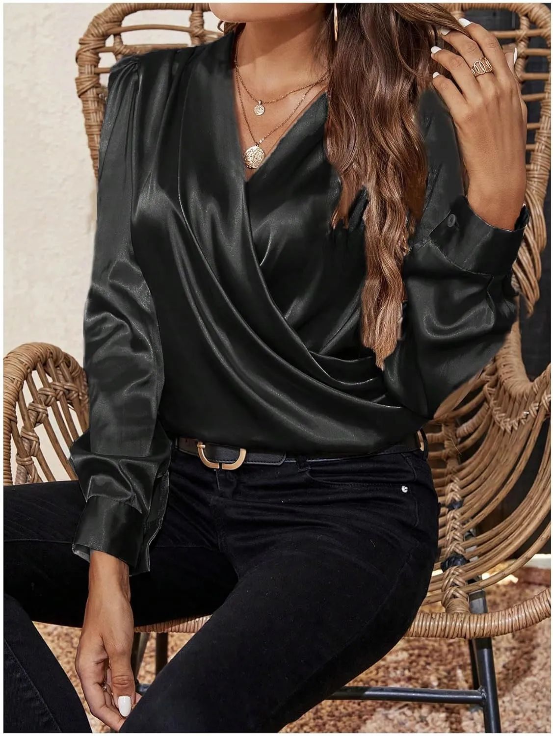 SOLY HUX Women's Satin Silk Blouses Wrap V Neck Puff Long Sleeve Shirts Casual Office Work Tops