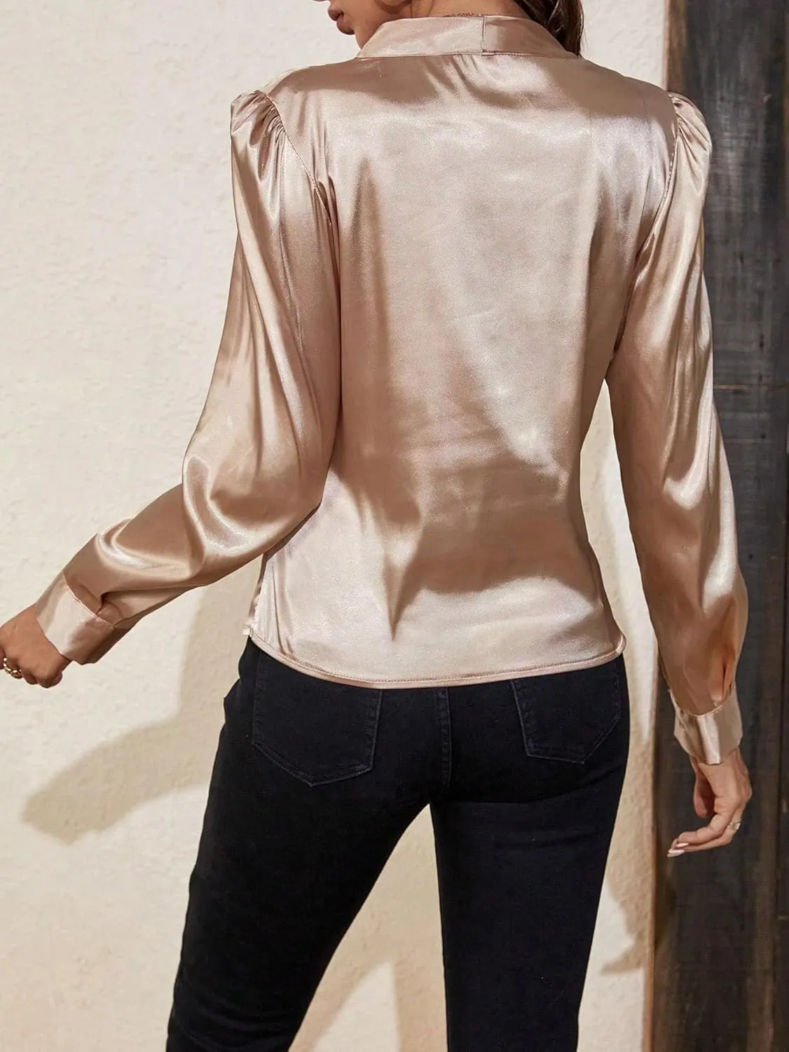 SOLY HUX Women's Satin Silk Blouses Wrap V Neck Puff Long Sleeve Shirts Casual Office Work Tops