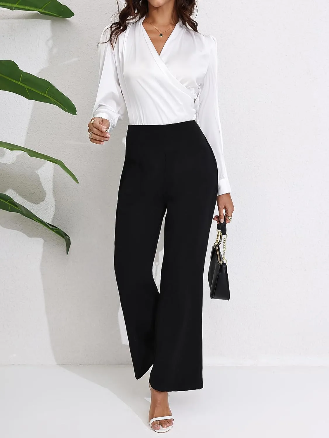 SOLY HUX Women's Satin Silk Blouses Wrap V Neck Puff Long Sleeve Shirts Casual Office Work Tops