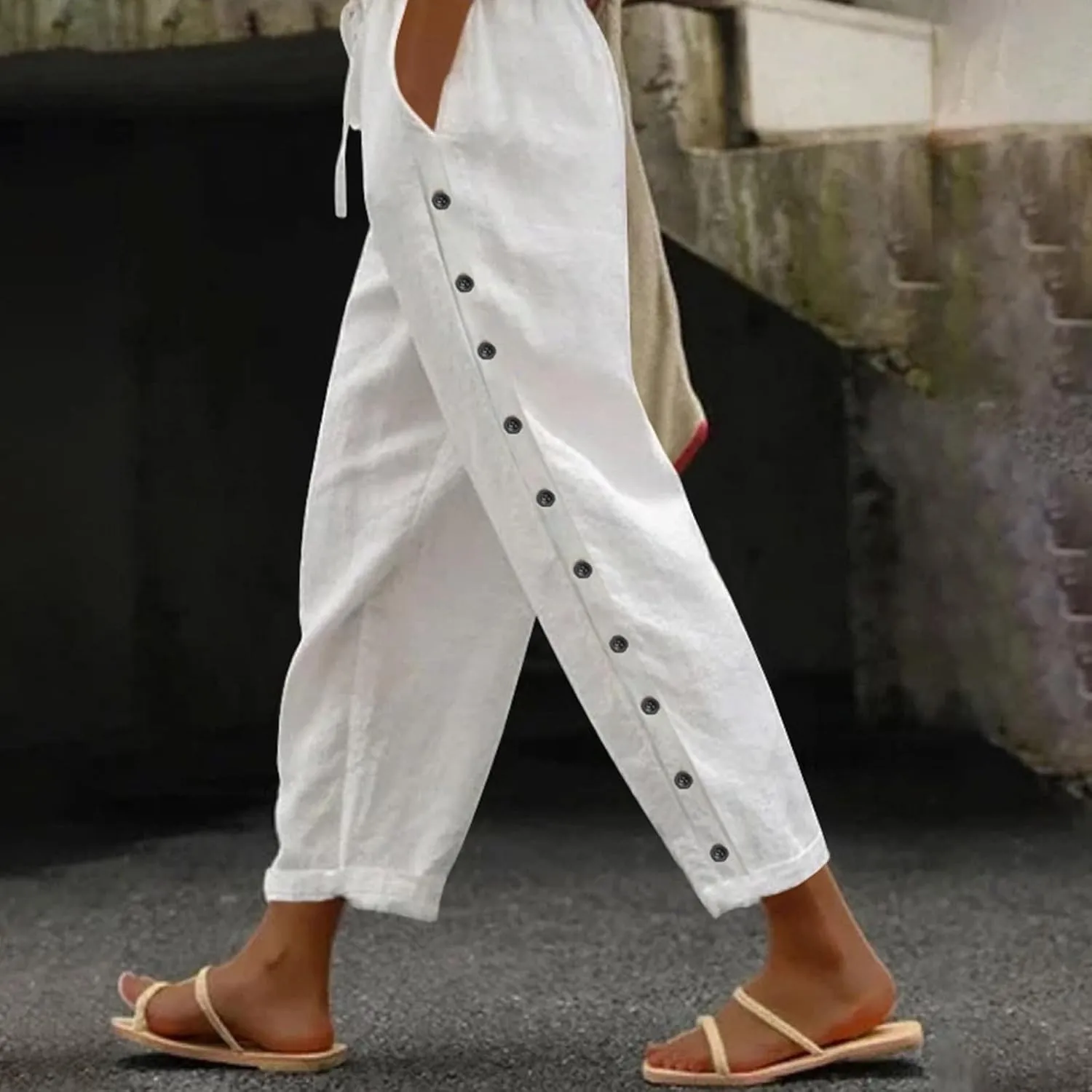 Striped Linen Capri Pants Women Side Button Elastic Waist Gauze Pants Lightweight Summer Beach Cropped Trousers 2025