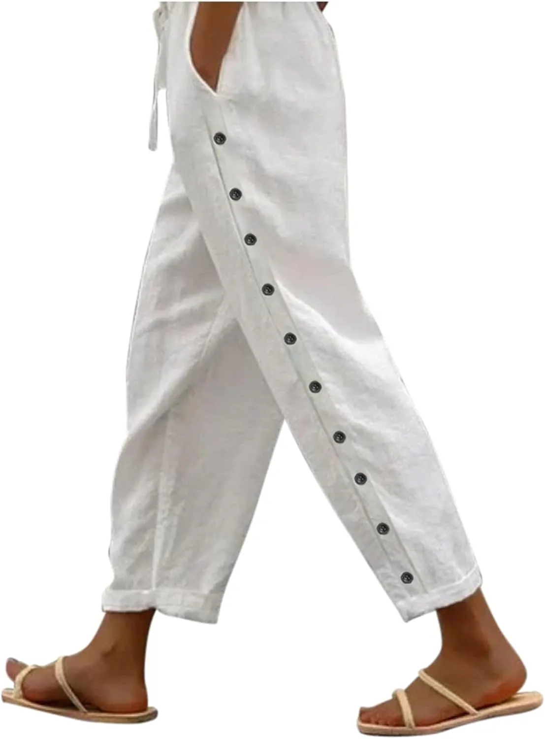 Striped Linen Capri Pants Women Side Button Elastic Waist Gauze Pants Lightweight Summer Beach Cropped Trousers 2025