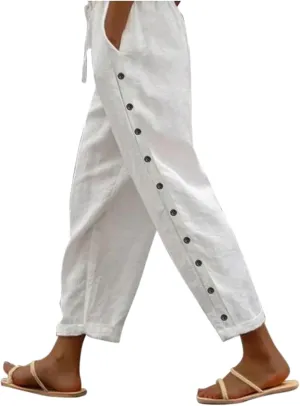 Striped Linen Capri Pants Women Side Button Elastic Waist Gauze Pants Lightweight Summer Beach Cropped Trousers 2025