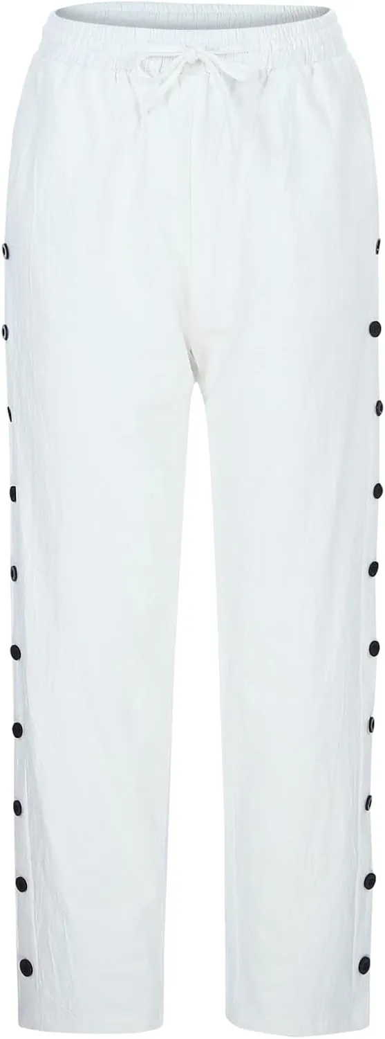 Striped Linen Capri Pants Women Side Button Elastic Waist Gauze Pants Lightweight Summer Beach Cropped Trousers 2025