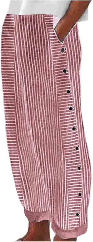 Striped Linen Pants Women Side Button Elastic Waist Capri Gauze Pants Lightweight Summer Beach Cropped Trousers 2025