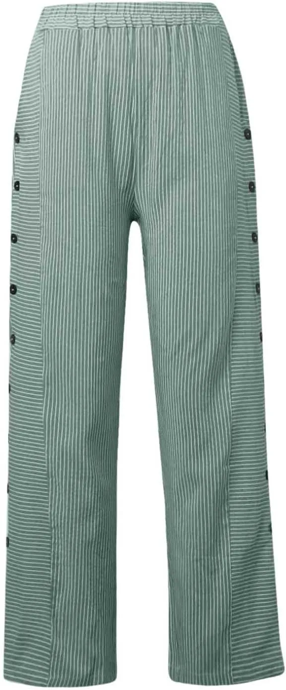 Striped Linen Pants Women Side Button Elastic Waist Capri Gauze Pants Lightweight Summer Beach Cropped Trousers 2025