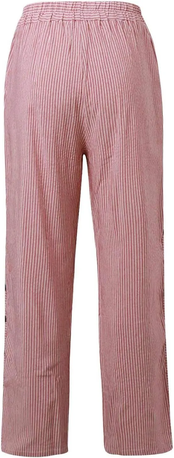 Striped Linen Pants Women Side Button Elastic Waist Capri Gauze Pants Lightweight Summer Beach Cropped Trousers 2025