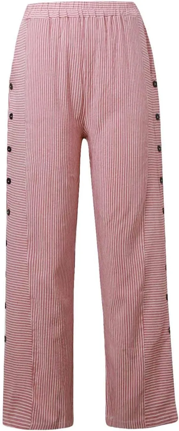 Striped Linen Pants Women Side Button Elastic Waist Capri Gauze Pants Lightweight Summer Beach Cropped Trousers 2025