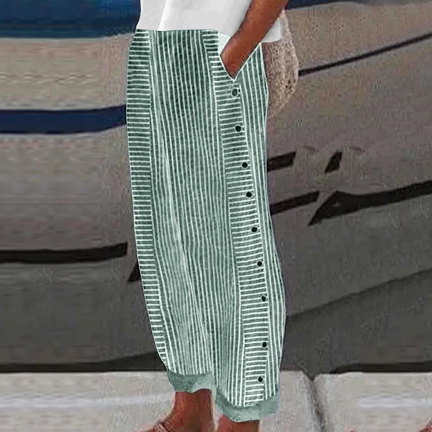Striped Linen Pants Women Side Button Elastic Waist Capri Gauze Pants Lightweight Summer Beach Cropped Trousers 2025