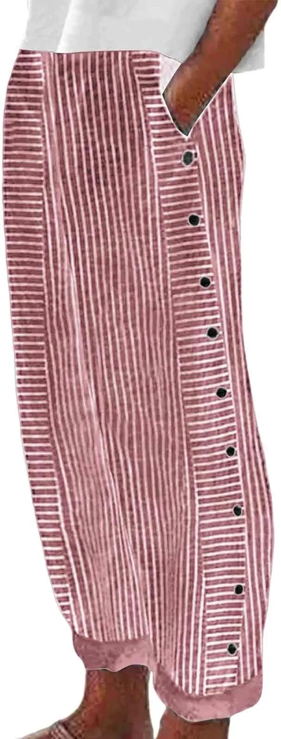 Striped Linen Pants Women Side Button Elastic Waist Capri Gauze Pants Lightweight Summer Beach Cropped Trousers 2025