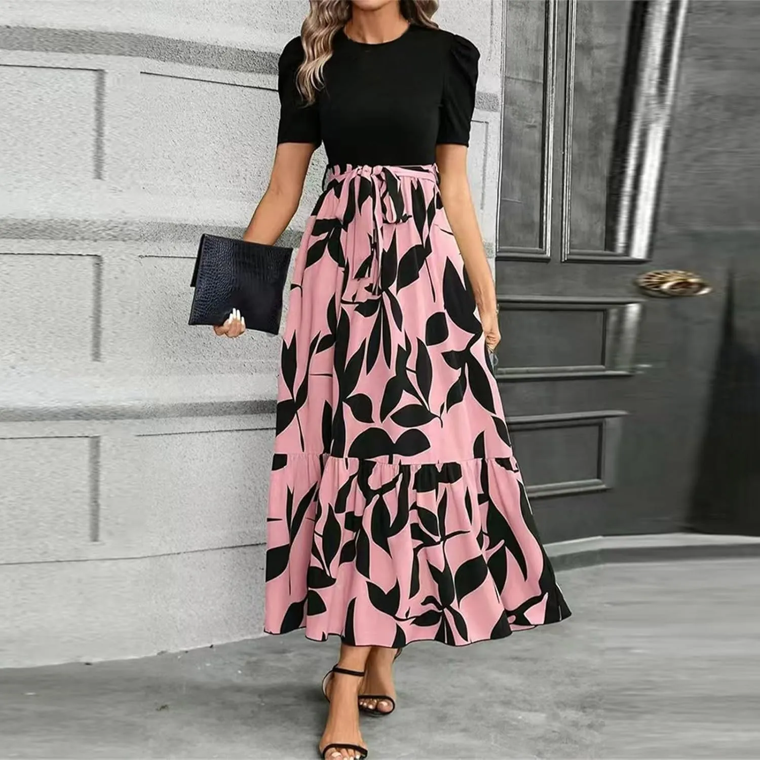 Summer Dresses for Women 2025 Elegant Short Sleeve Crewneck Tshirt Dress Business Casual Smocked Floral Maxi Dresses