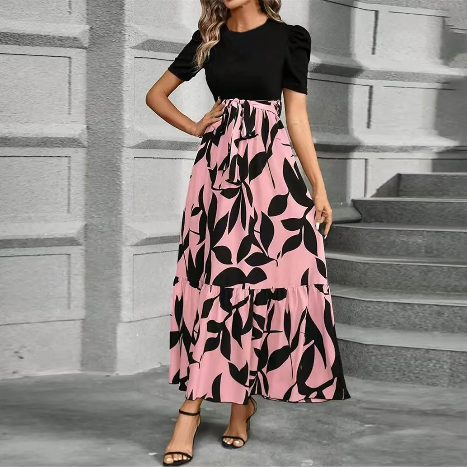 Summer Dresses for Women 2025 Elegant Short Sleeve Crewneck Tshirt Dress Business Casual Smocked Floral Maxi Dresses