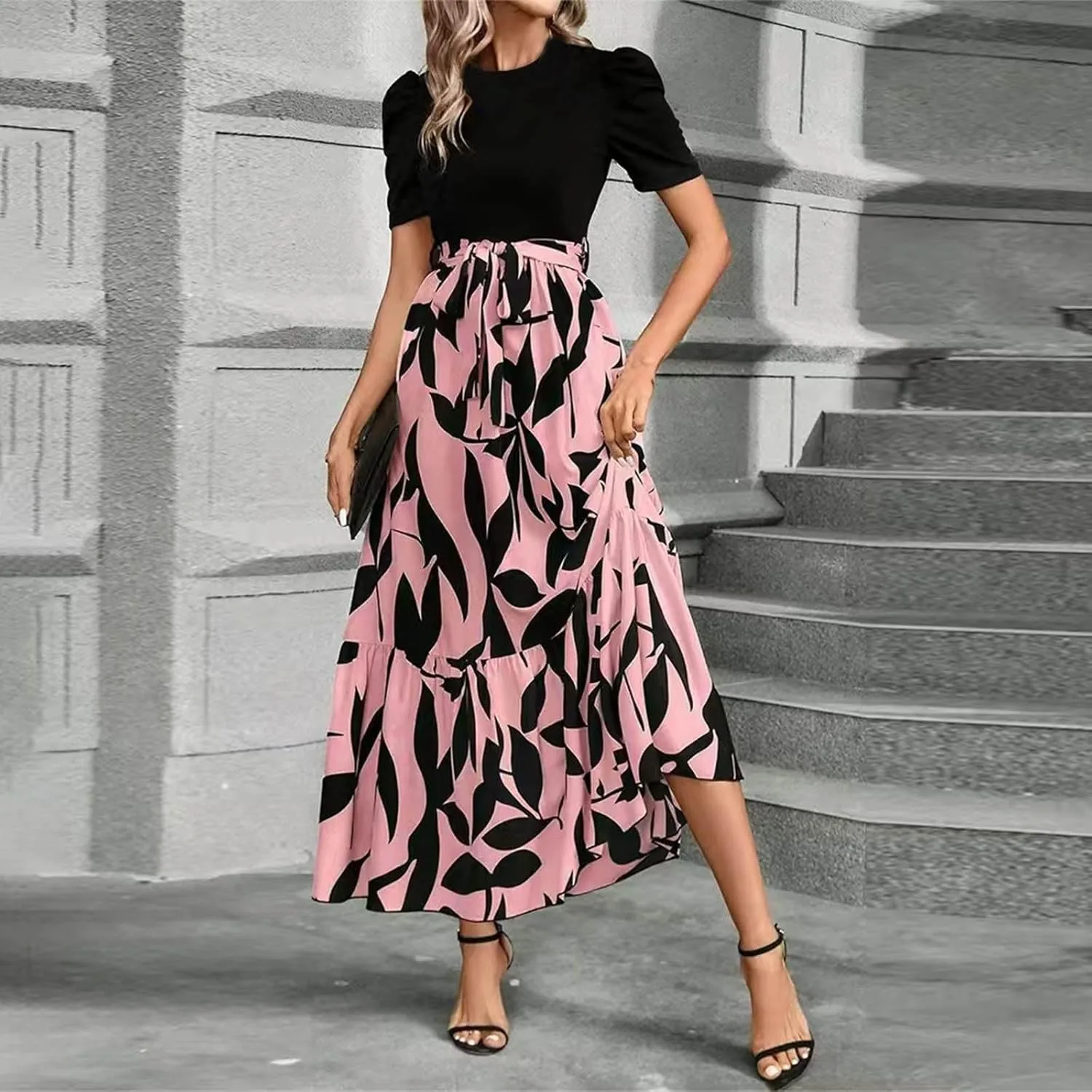 Summer Dresses for Women 2025 Elegant Short Sleeve Crewneck Tshirt Dress Business Casual Smocked Floral Maxi Dresses