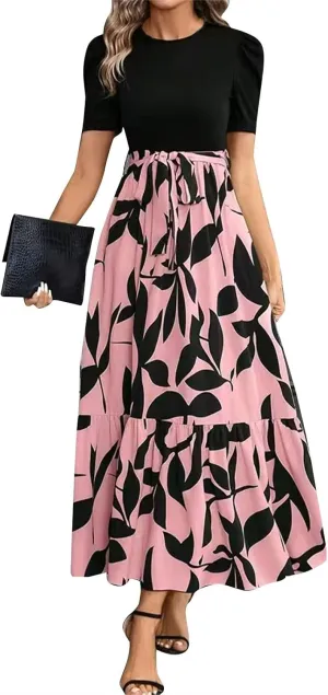 Summer Dresses for Women 2025 Elegant Short Sleeve Crewneck Tshirt Dress Business Casual Smocked Floral Maxi Dresses