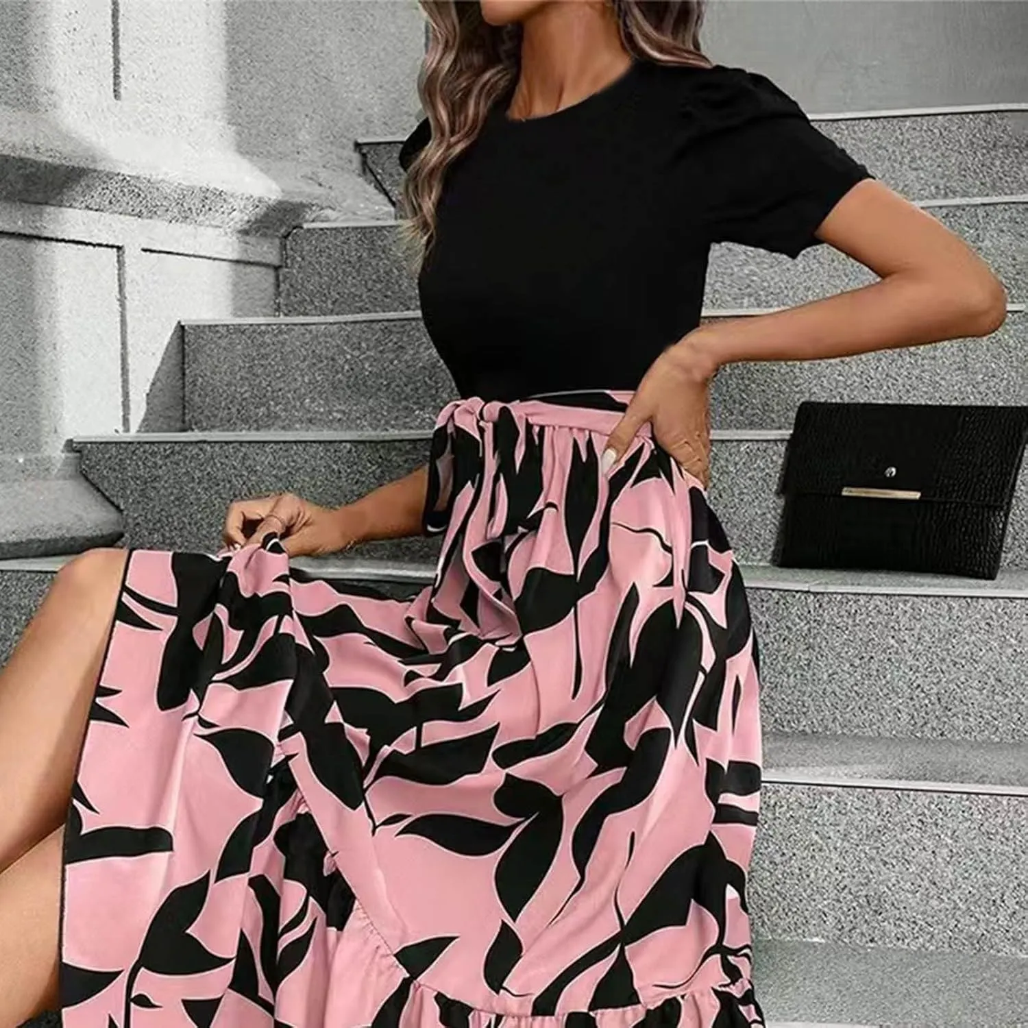 Summer Dresses for Women 2025 Elegant Short Sleeve Crewneck Tshirt Dress Business Casual Smocked Floral Maxi Dresses