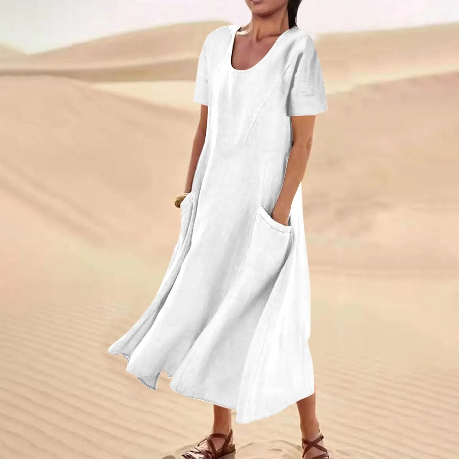 Summer Dresses for Women 2025 Vacation Trendy Short Sleeve Scoop Neck Cotton Linen Dress Loose Flowy Beach Sundress