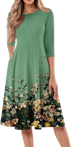 Summer Dresses for Women Beach Flowy Tshirt Dress Aline Casual 3/4 Sleeve Dress Floral Midi Dresses with Pockets