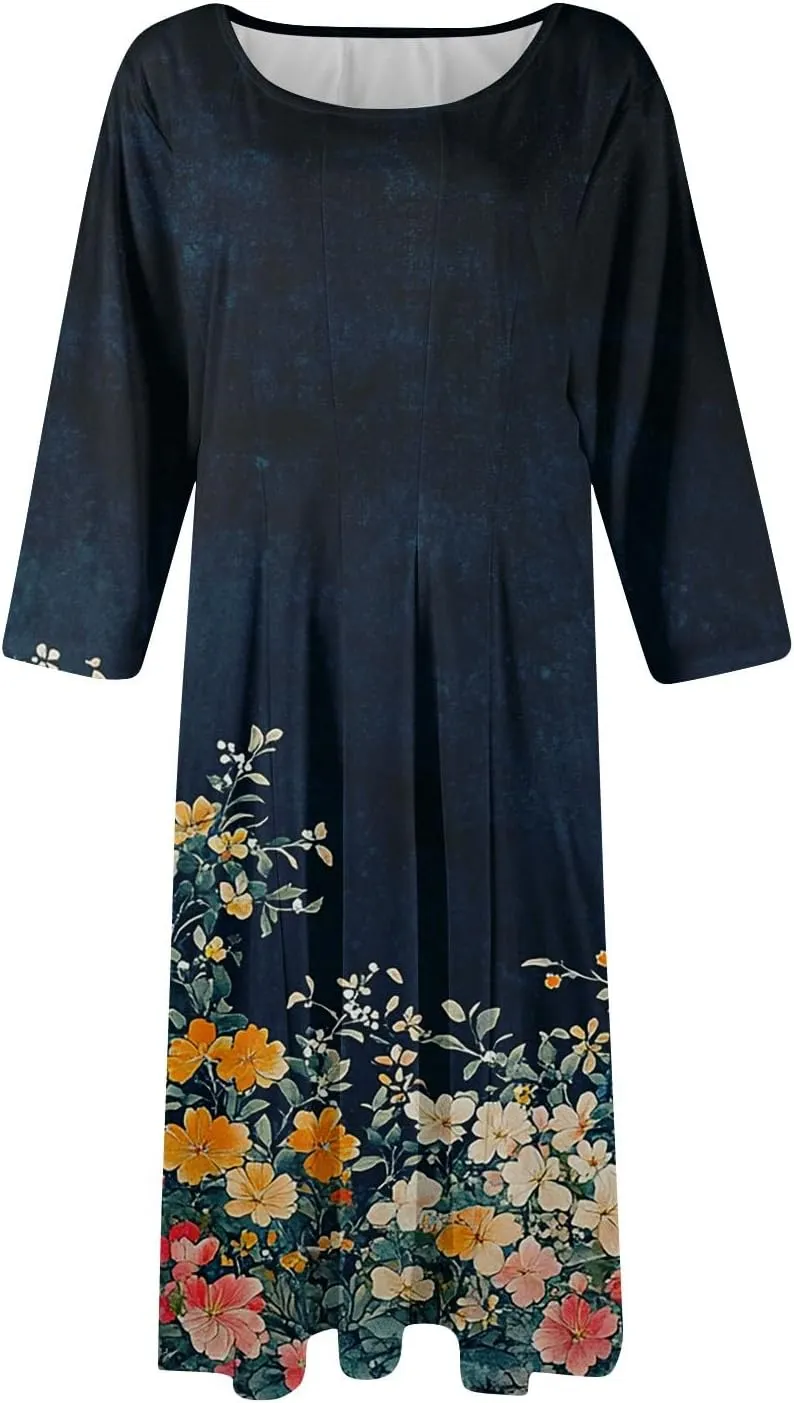 Summer Dresses for Women Beach Flowy Tshirt Dress Aline Casual 3/4 Sleeve Dress Floral Midi Dresses with Pockets