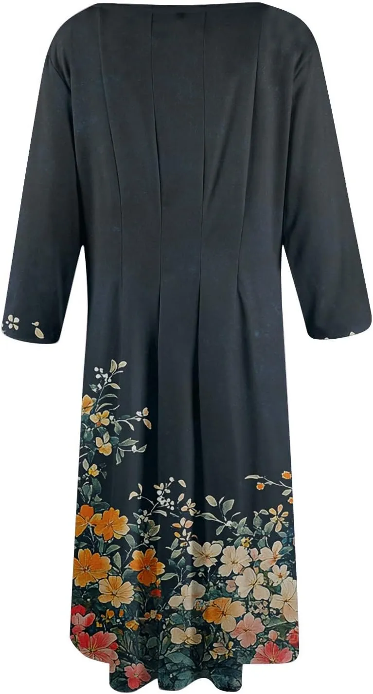 Summer Dresses for Women Beach Flowy Tshirt Dress Aline Casual 3/4 Sleeve Dress Floral Midi Dresses with Pockets