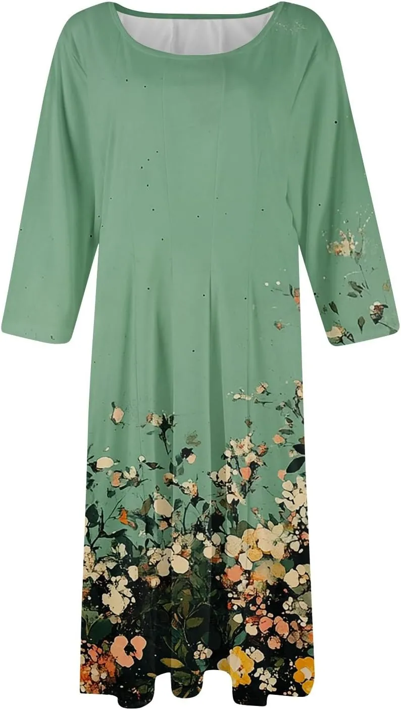 Summer Dresses for Women Beach Flowy Tshirt Dress Aline Casual 3/4 Sleeve Dress Floral Midi Dresses with Pockets
