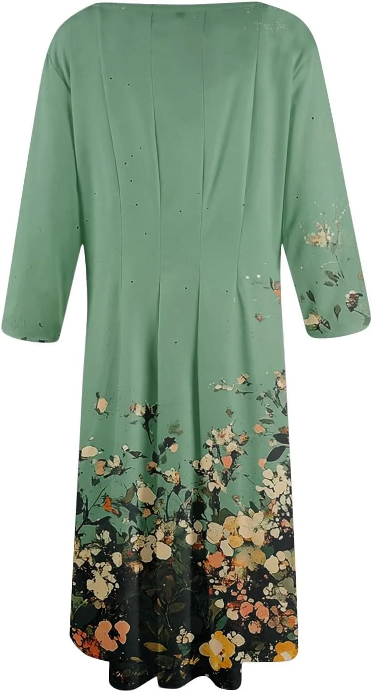Summer Dresses for Women Beach Flowy Tshirt Dress Aline Casual 3/4 Sleeve Dress Floral Midi Dresses with Pockets