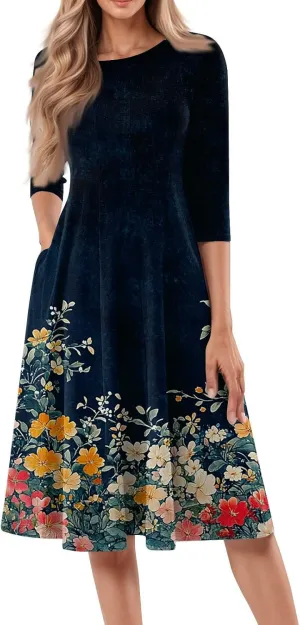 Summer Dresses for Women Beach Flowy Tshirt Dress Aline Casual 3/4 Sleeve Dress Floral Midi Dresses with Pockets