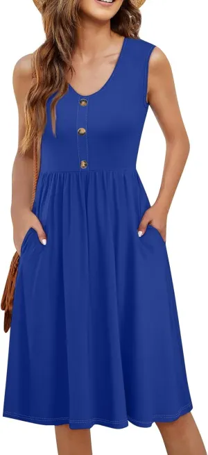 Summer Dresses for Women Sleeveless Solid Tank Casual Loose Fit Button Down A-Line Knee Length Sundress with Pockets