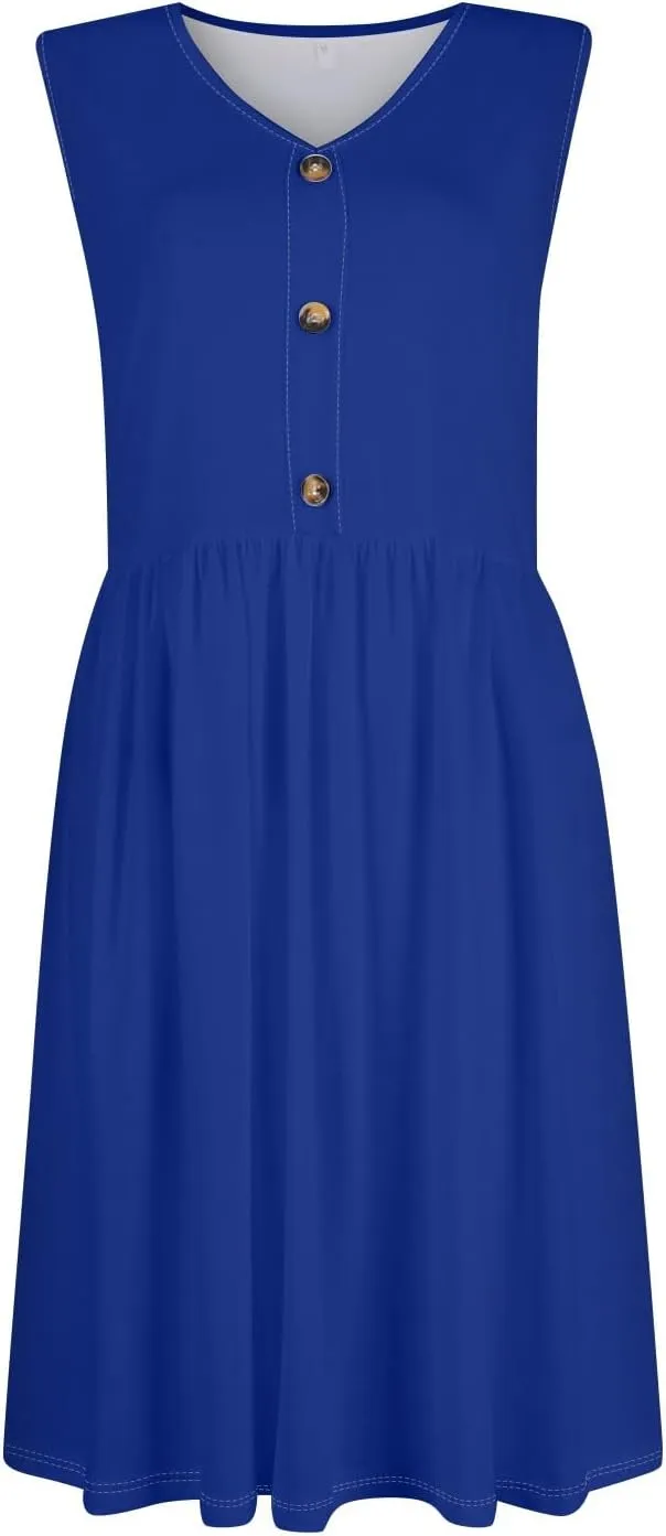 Summer Dresses for Women Sleeveless Solid Tank Casual Loose Fit Button Down A-Line Knee Length Sundress with Pockets