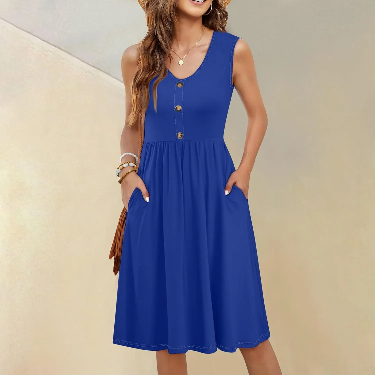 Summer Dresses for Women Sleeveless Solid Tank Casual Loose Fit Button Down A-Line Knee Length Sundress with Pockets