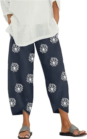 Summer Pants for Women Casual Pockets Cotton Linen Wide Leg Drawstring Elastic Waist Capris Crop Pants