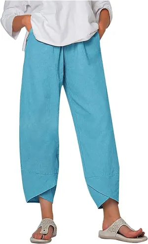 Summer Pants for Women Casual Pockets Cotton Linen Wide Leg Drawstring Elastic Waist Capris Crop Pants