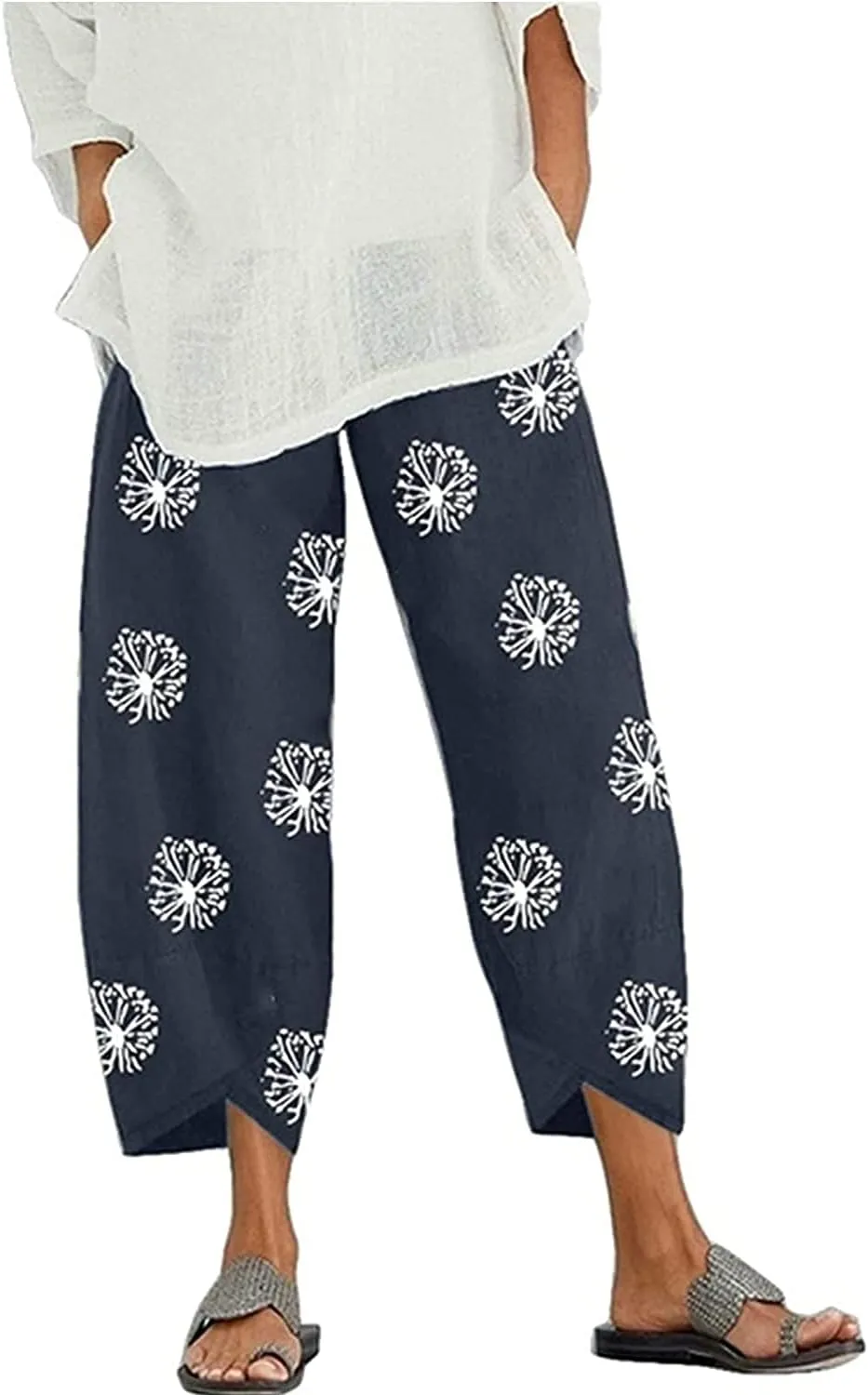 Summer Pants for Women Casual Pockets Cotton Linen Wide Leg Drawstring Elastic Waist Capris Crop Pants
