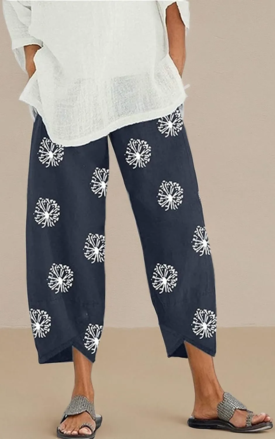 Summer Pants for Women Casual Pockets Cotton Linen Wide Leg Drawstring Elastic Waist Capris Crop Pants