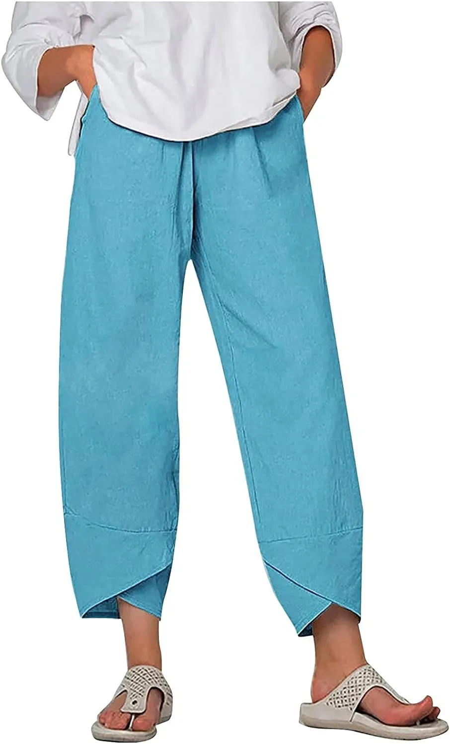 Summer Pants for Women Casual Pockets Cotton Linen Wide Leg Drawstring Elastic Waist Capris Crop Pants