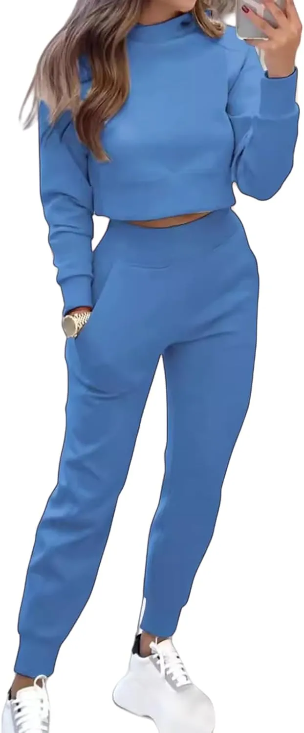 Sweat Sets for Women 2 Piece Lounge Sets Turtleneck Crop Sweatshirts and Jogger Pants Sets Workout Tracksuit Sets
