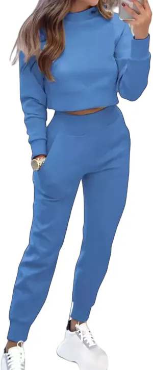 Sweat Sets for Women 2 Piece Lounge Sets Turtleneck Crop Sweatshirts and Jogger Pants Sets Workout Tracksuit Sets