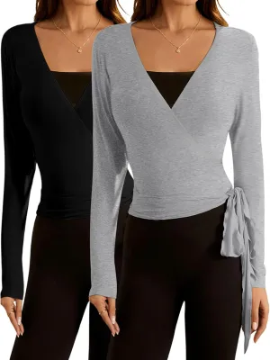 SweatyRocks Women's 2 Pack Long Sleeve Ballet Pilates Yoga Wrap Shirts Tie Front Workout Tops