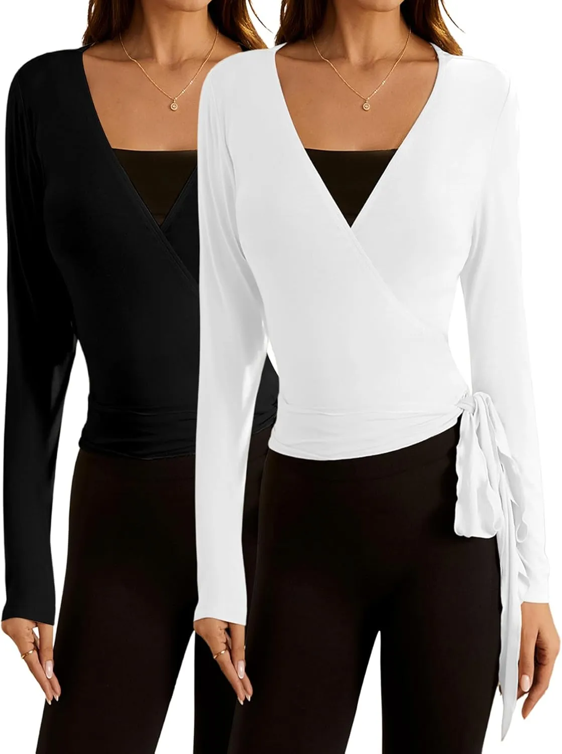 SweatyRocks Women's 2 Pack Long Sleeve Ballet Pilates Yoga Wrap Shirts Tie Front Workout Tops