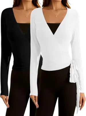 SweatyRocks Women's 2 Pack Long Sleeve Ballet Pilates Yoga Wrap Shirts Tie Front Workout Tops