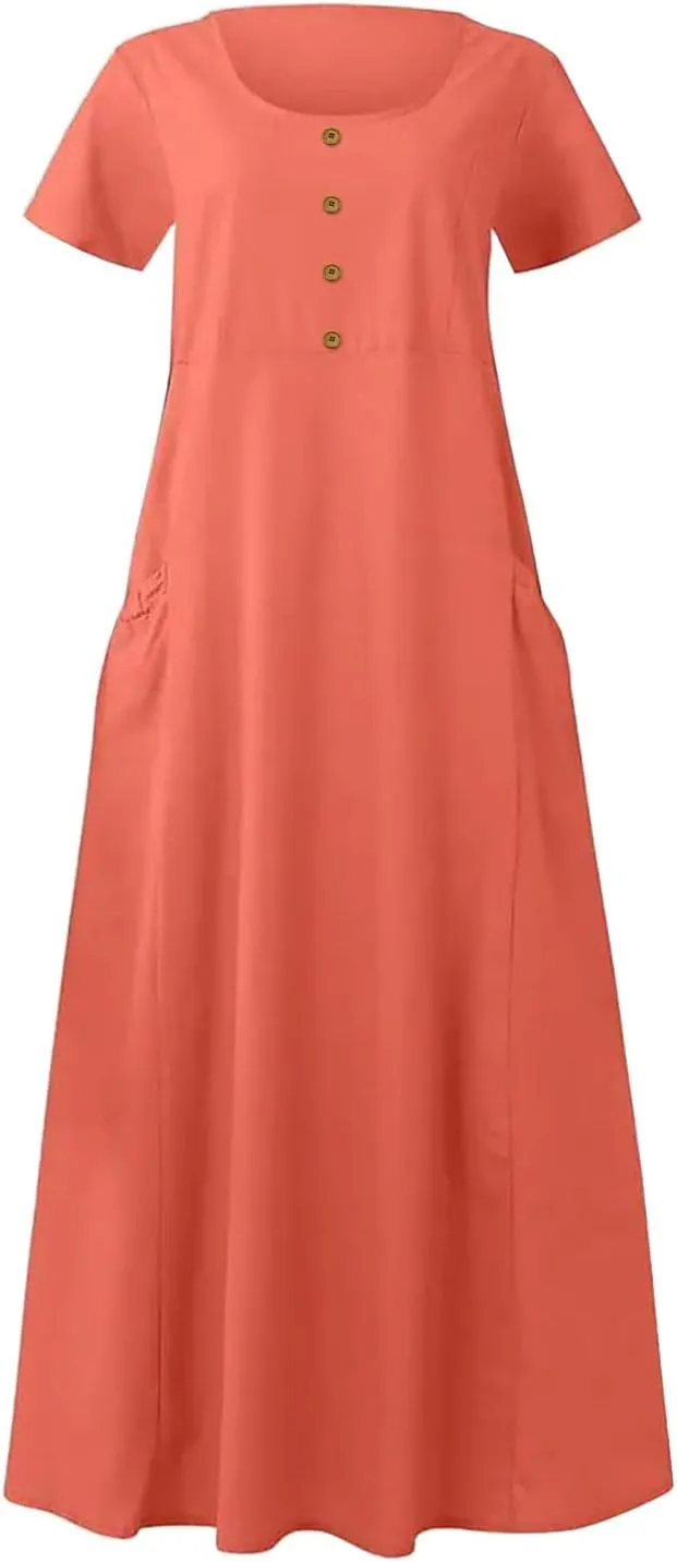 Swing Dresses for Women 2024 Summer Casual Short Sleeve Cotton Linen Dress Loose Ruffle Flowy Maxi Dress with Pockets