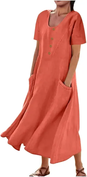 Swing Dresses for Women 2024 Summer Casual Short Sleeve Cotton Linen Dress Loose Ruffle Flowy Maxi Dress with Pockets
