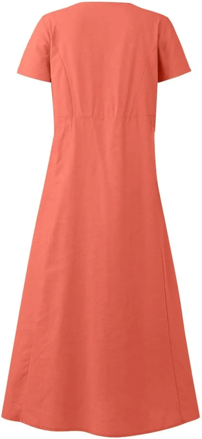 Swing Dresses for Women 2024 Summer Casual Short Sleeve Cotton Linen Dress Loose Ruffle Flowy Maxi Dress with Pockets