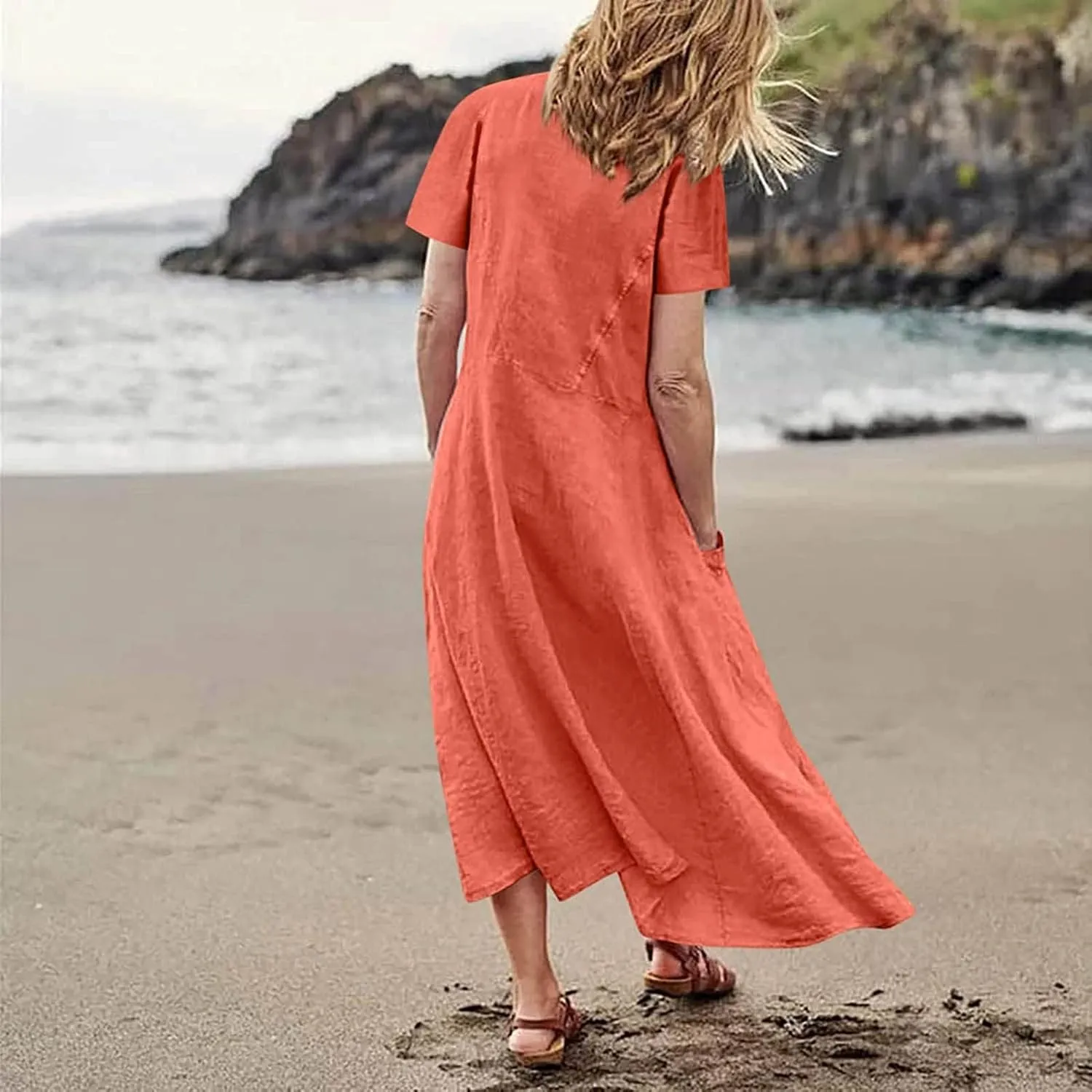Swing Dresses for Women 2024 Summer Casual Short Sleeve Cotton Linen Dress Loose Ruffle Flowy Maxi Dress with Pockets