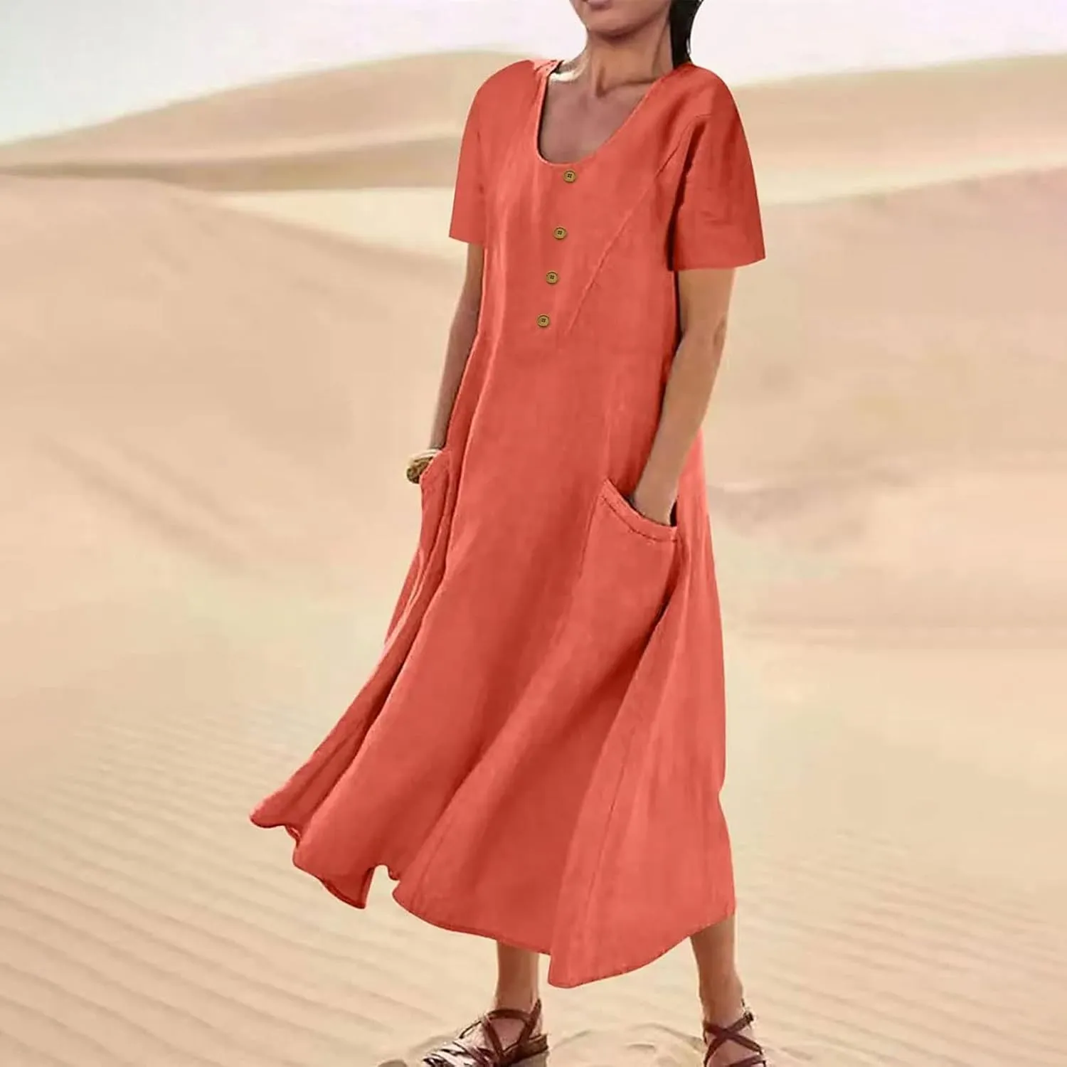 Swing Dresses for Women 2024 Summer Casual Short Sleeve Cotton Linen Dress Loose Ruffle Flowy Maxi Dress with Pockets
