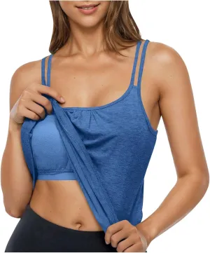 Tank Top with Built in Bra for Women Sports Cute Cami Shirts Summer Workout Camisoles Sleeveless Under Clothes