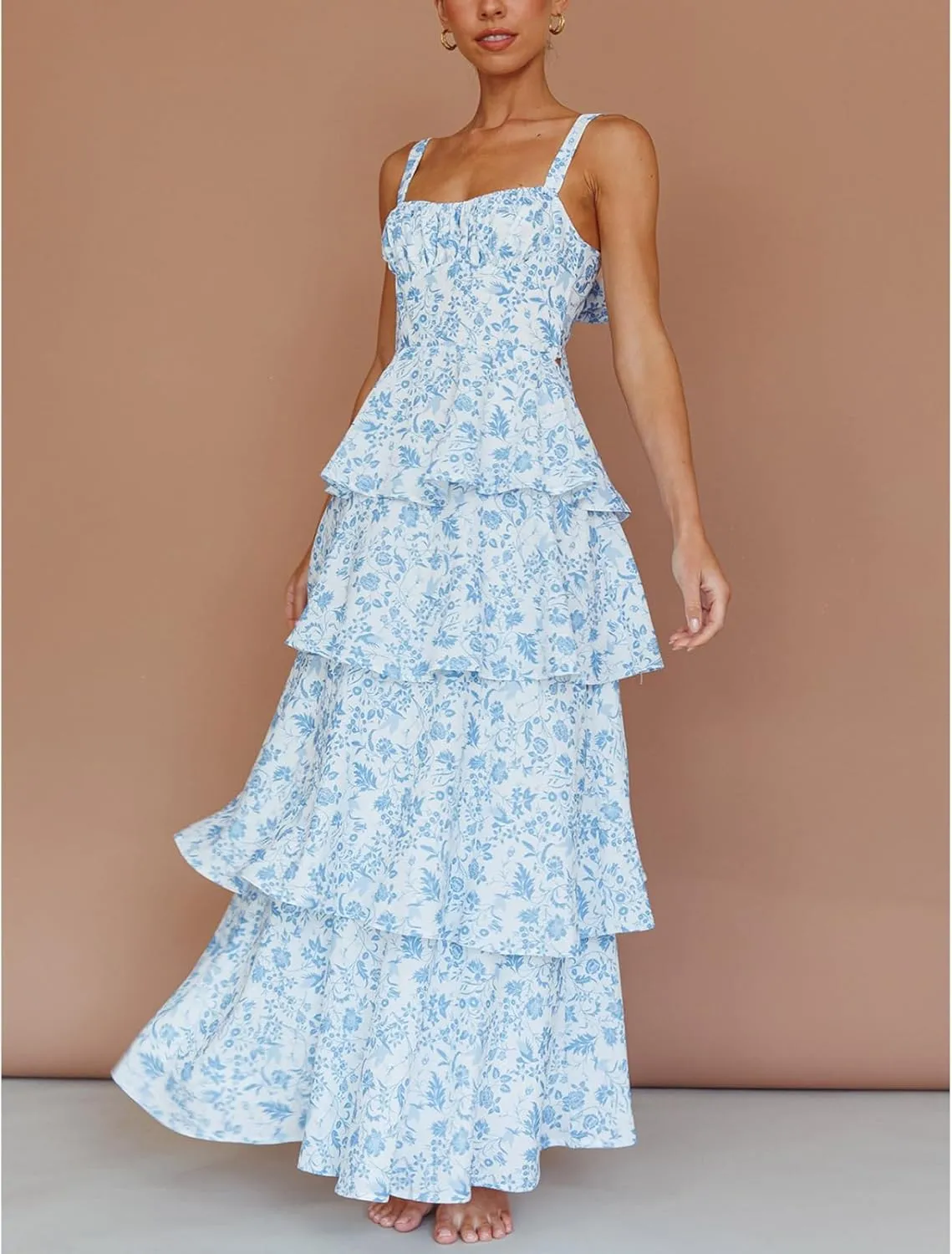 Tiered Ruffle Dress Women Casual Summer Spaghetti Strap Sleeveless Floral Layered Maxi Dress for Women Beach Sundress