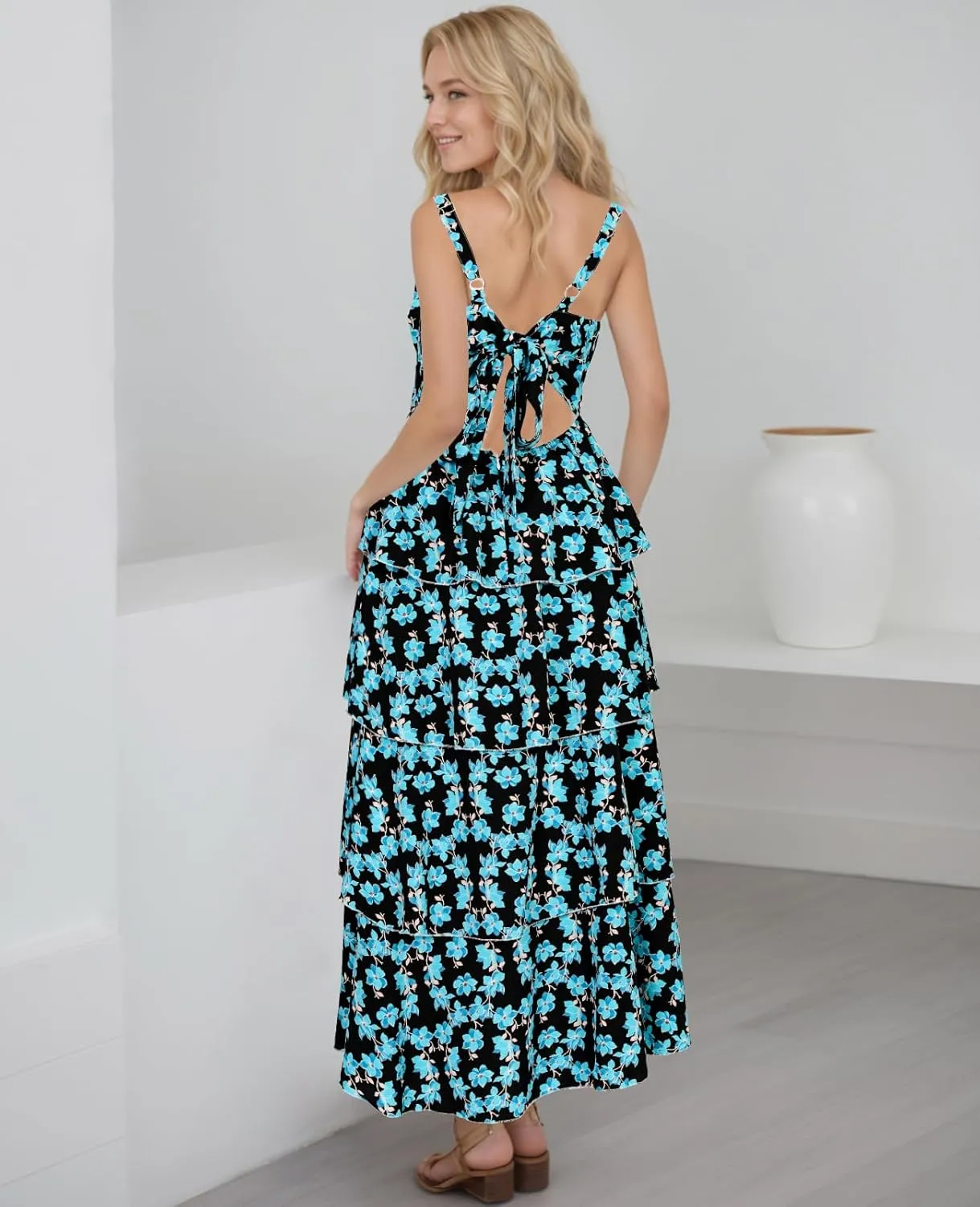 Tiered Ruffle Dress Women Casual Summer Spaghetti Strap Sleeveless Floral Layered Maxi Dress for Women Beach Sundress