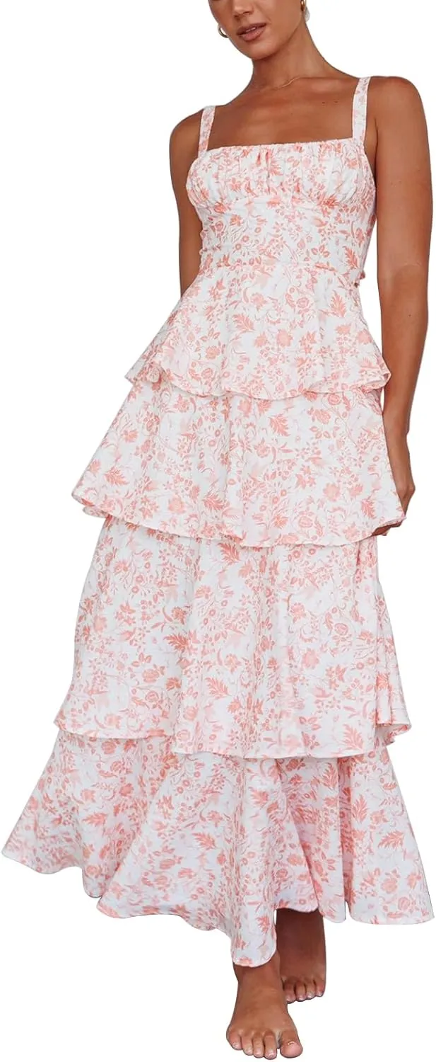 Tiered Ruffle Dress Women Casual Summer Spaghetti Strap Sleeveless Floral Layered Maxi Dress for Women Beach Sundress