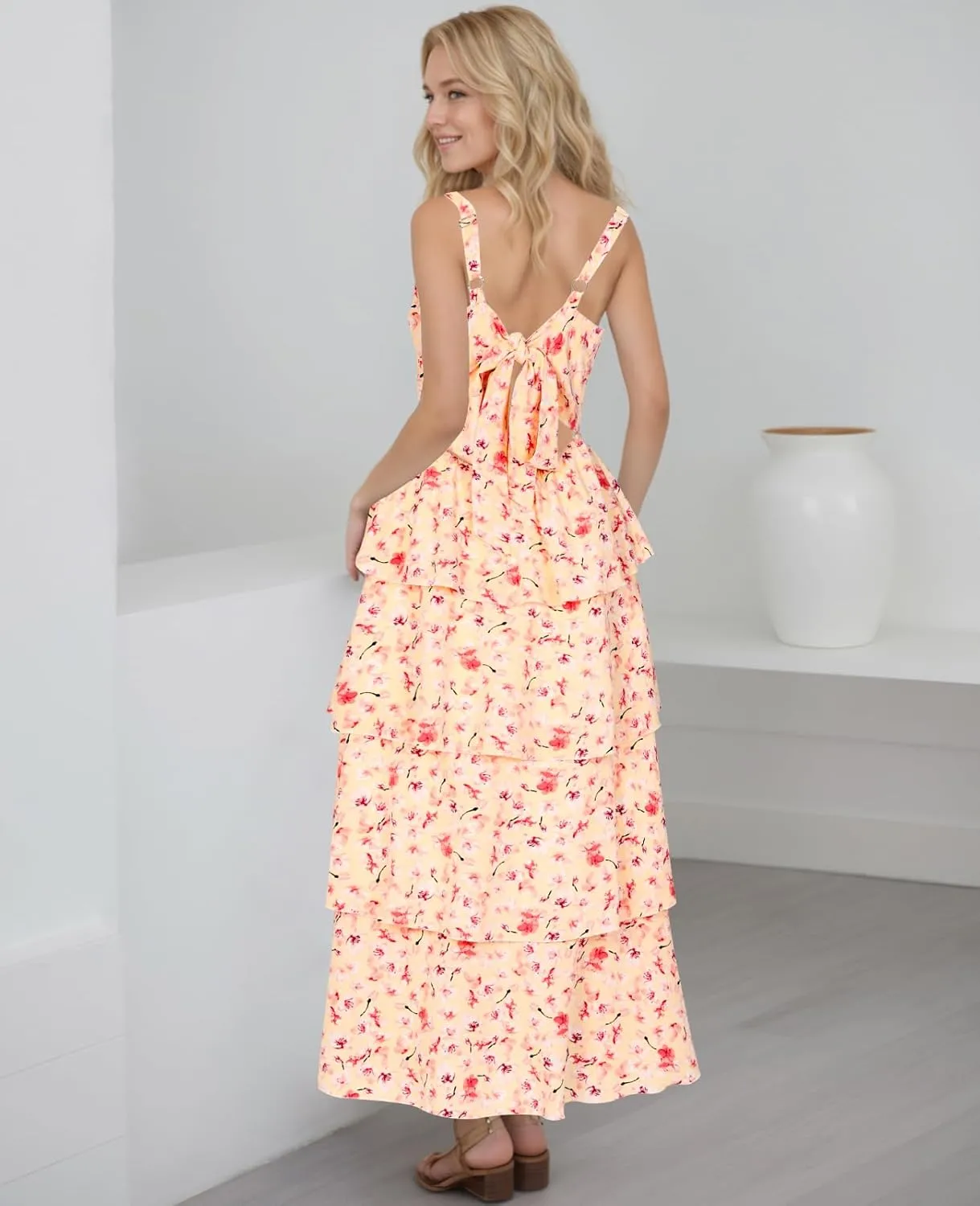 Tiered Ruffle Dress Women Casual Summer Spaghetti Strap Sleeveless Floral Layered Maxi Dress for Women Beach Sundress