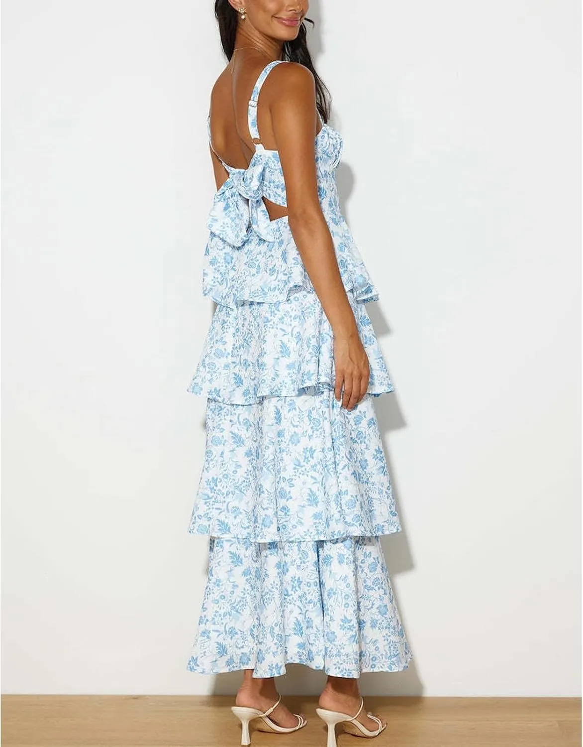 Tiered Ruffle Dress Women Casual Summer Spaghetti Strap Sleeveless Floral Layered Maxi Dress for Women Beach Sundress