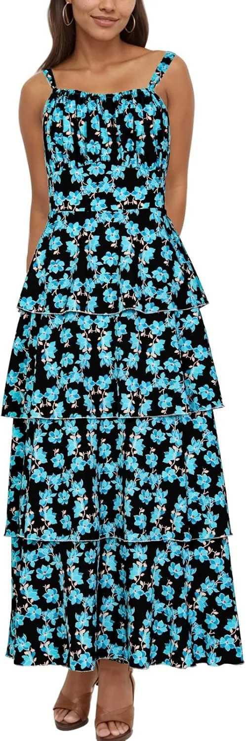 Tiered Ruffle Dress Women Casual Summer Spaghetti Strap Sleeveless Floral Layered Maxi Dress for Women Beach Sundress